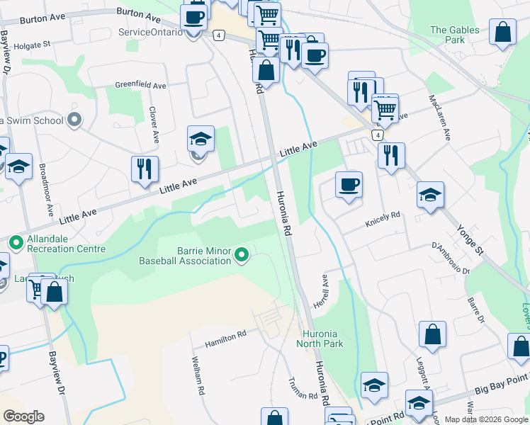 map of restaurants, bars, coffee shops, grocery stores, and more near 64 McConkey Place in Barrie