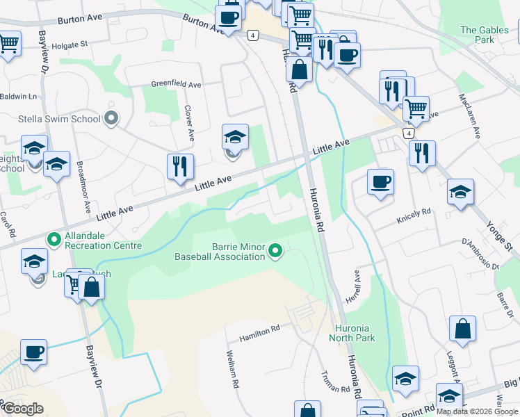 map of restaurants, bars, coffee shops, grocery stores, and more near 5 Bristow Court in Barrie