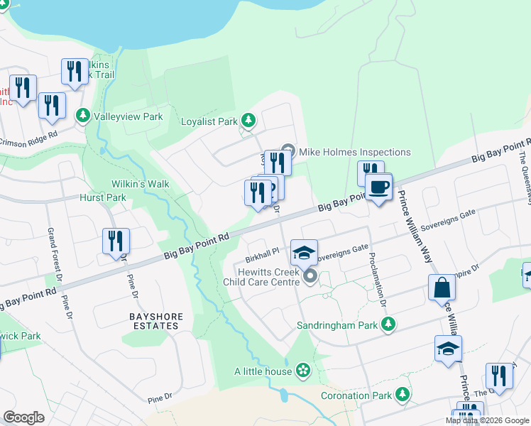 map of restaurants, bars, coffee shops, grocery stores, and more near 750 Big Bay Point Road in Barrie