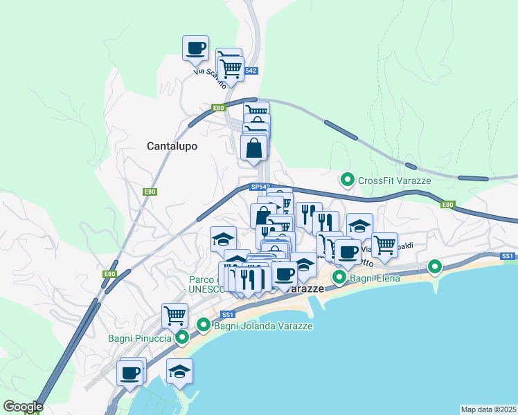 map of restaurants, bars, coffee shops, grocery stores, and more near 29 Via Monte Grappa in Varazze