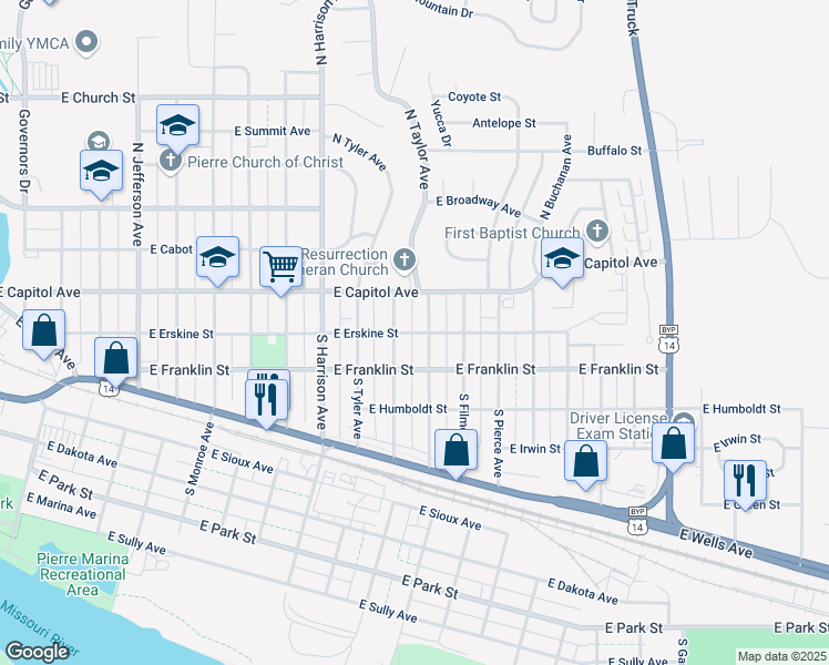map of restaurants, bars, coffee shops, grocery stores, and more near 1906 East Erskine Street in Pierre
