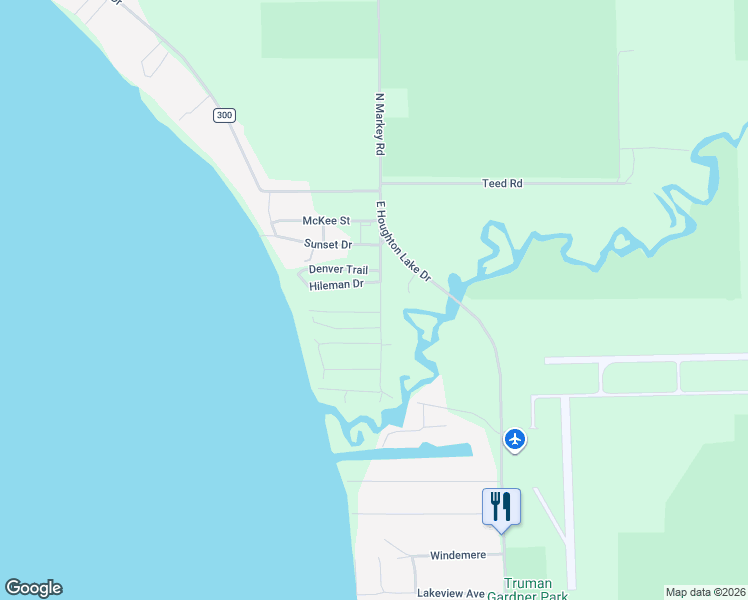 map of restaurants, bars, coffee shops, grocery stores, and more near 104 Alpena Trail in Houghton Lake