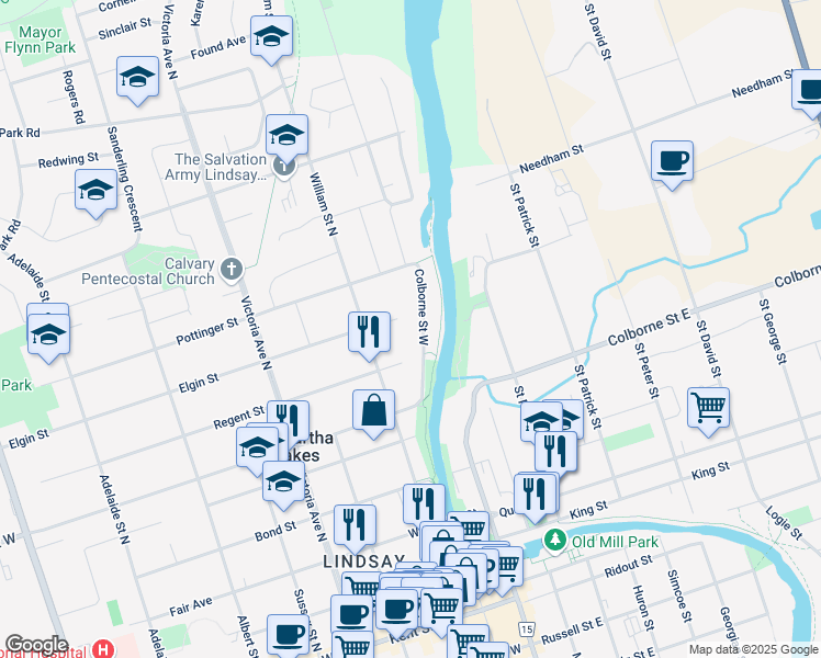 map of restaurants, bars, coffee shops, grocery stores, and more near 2 Colborne Street West in Kawartha Lakes