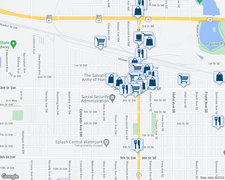 map of restaurants, bars, coffee shops, grocery stores, and more near 300-398 Ohio Avenue Southwest in Huron