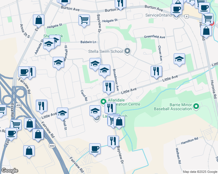 map of restaurants, bars, coffee shops, grocery stores, and more near 149 Bayview Drive in Barrie