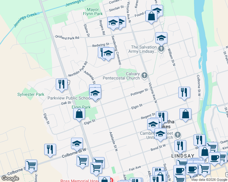 map of restaurants, bars, coffee shops, grocery stores, and more near 9 Don Court in Kawartha Lakes