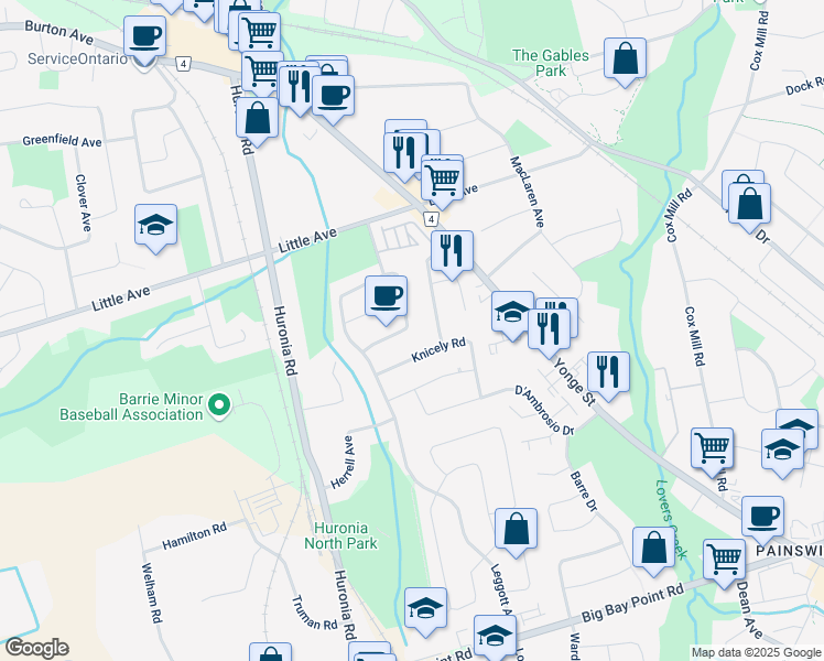 map of restaurants, bars, coffee shops, grocery stores, and more near 14 Knicely Road in Barrie