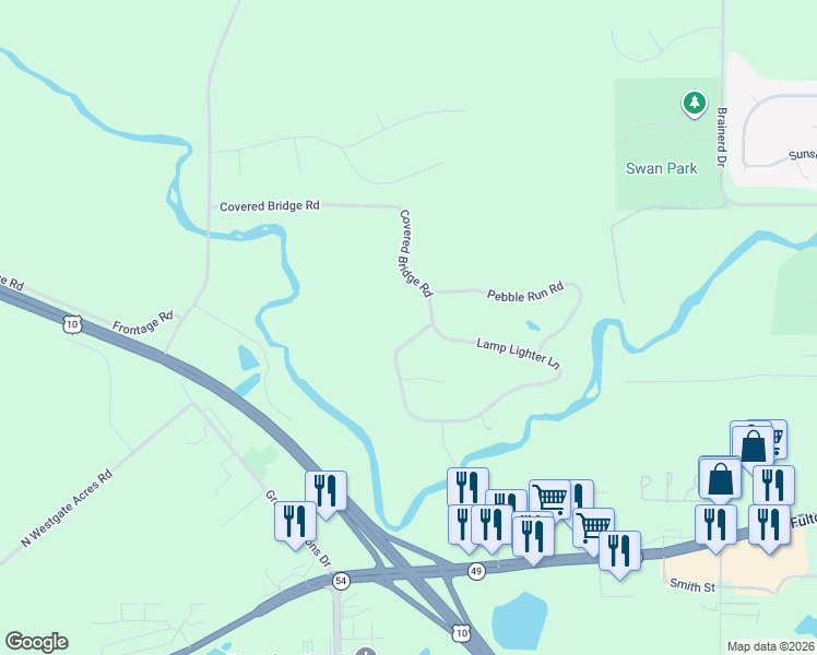 map of restaurants, bars, coffee shops, grocery stores, and more near N3404 Covered Bridge Road in Waupaca