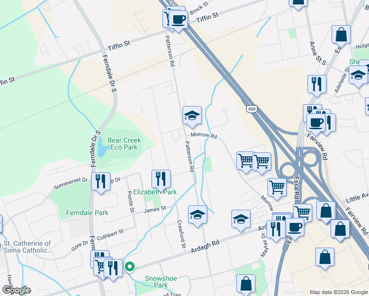map of restaurants, bars, coffee shops, grocery stores, and more near 106 Patterson Road in Barrie