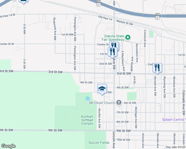 map of restaurants, bars, coffee shops, grocery stores, and more near 301-399 Nicollet Avenue Southwest in Huron