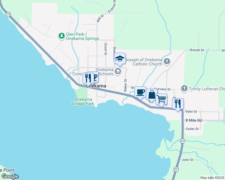 map of restaurants, bars, coffee shops, grocery stores, and more near 5015 Main Street in Onekama