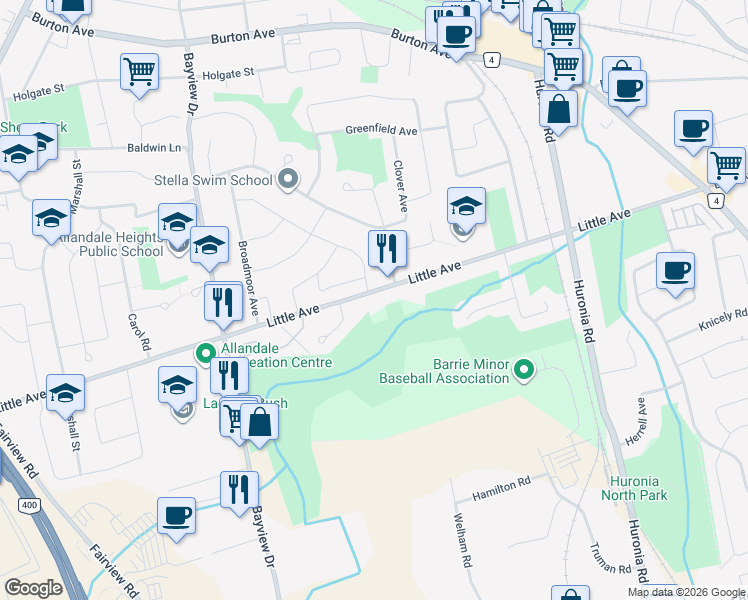 map of restaurants, bars, coffee shops, grocery stores, and more near 175 Little Avenue in Barrie