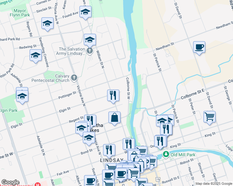 map of restaurants, bars, coffee shops, grocery stores, and more near 9 Elgin Street in Lindsay