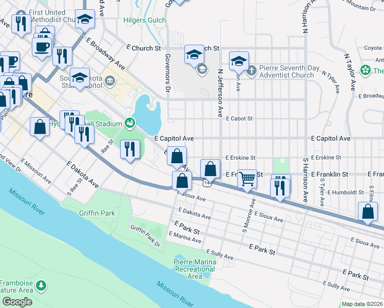map of restaurants, bars, coffee shops, grocery stores, and more near 900-998 East Wells Avenue in Pierre
