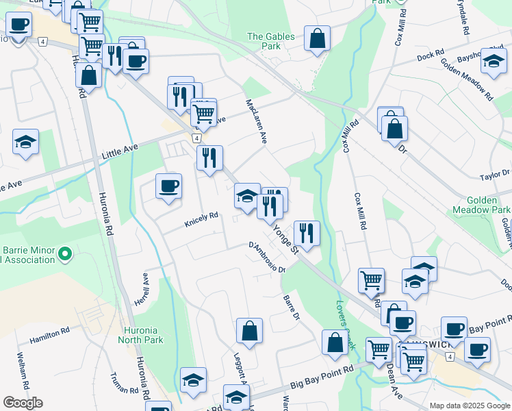 map of restaurants, bars, coffee shops, grocery stores, and more near Yonge Street in Barrie
