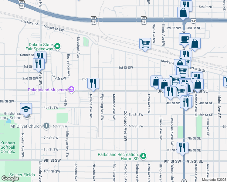 map of restaurants, bars, coffee shops, grocery stores, and more near 605 3rd Street Southwest in Huron