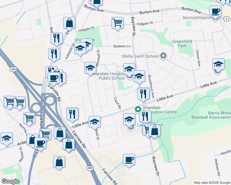 map of restaurants, bars, coffee shops, grocery stores, and more near in Barrie