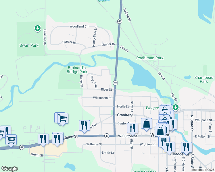 map of restaurants, bars, coffee shops, grocery stores, and more near 510 River Street in Waupaca