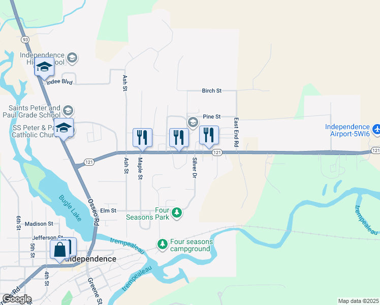 map of restaurants, bars, coffee shops, grocery stores, and more near Wisconsin 121 in Independence
