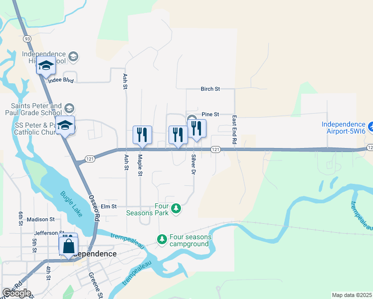 map of restaurants, bars, coffee shops, grocery stores, and more near Wisconsin 121 in Independence