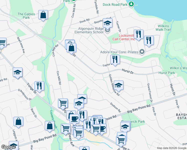 map of restaurants, bars, coffee shops, grocery stores, and more near 144 Bruce Crescent in Barrie