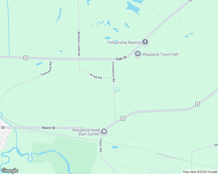 map of restaurants, bars, coffee shops, grocery stores, and more near E3389 North Hill Road in Waupaca