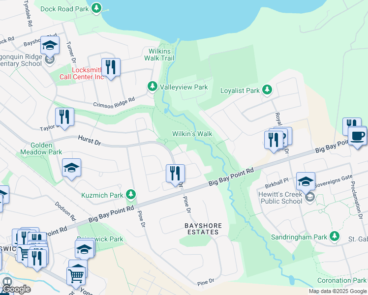 map of restaurants, bars, coffee shops, grocery stores, and more near 12 Purt Court in Barrie