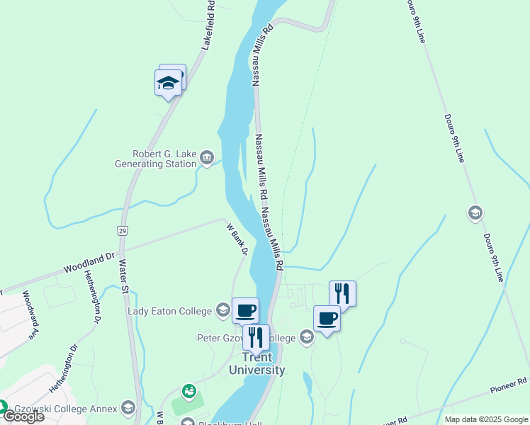 map of restaurants, bars, coffee shops, grocery stores, and more near Nassau Mills Road in Peterborough