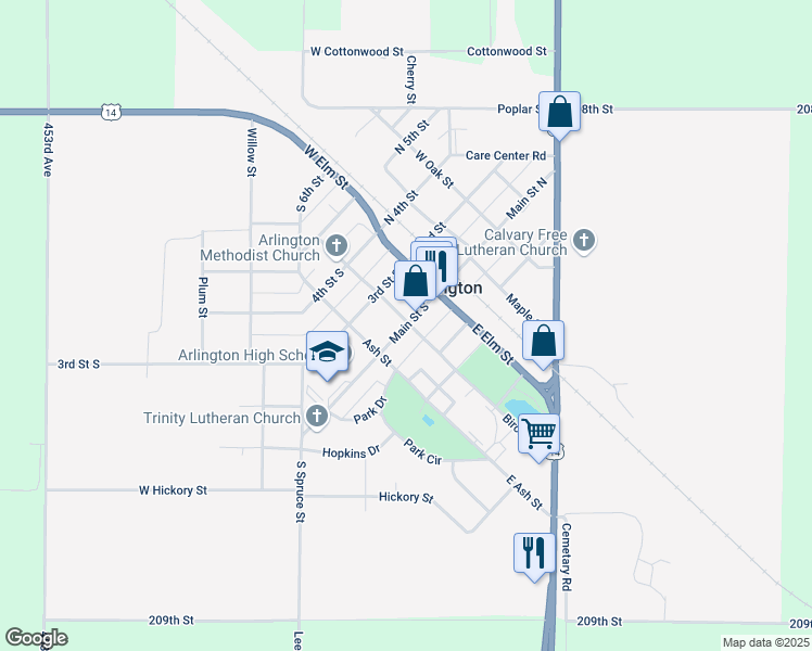map of restaurants, bars, coffee shops, grocery stores, and more near 204 Main Street South in Arlington