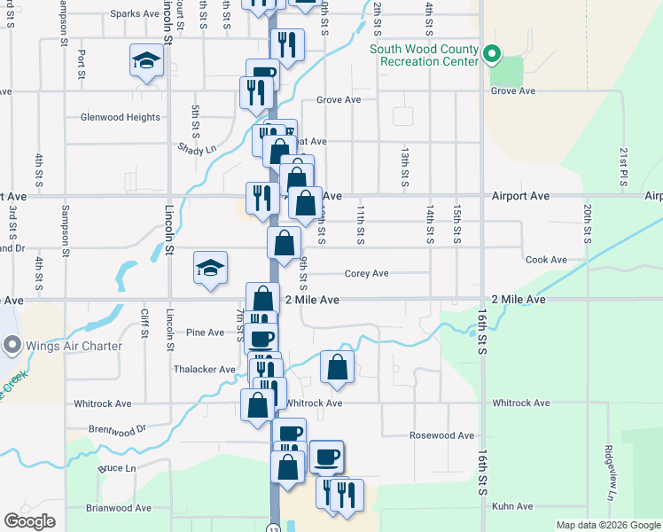 map of restaurants, bars, coffee shops, grocery stores, and more near 1020 Cook Avenue in Wisconsin Rapids