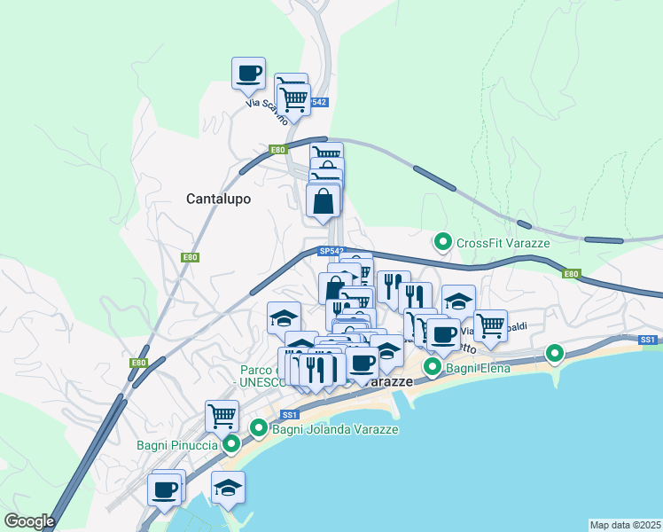 map of restaurants, bars, coffee shops, grocery stores, and more near 29 Via Monte Grappa in Varazze