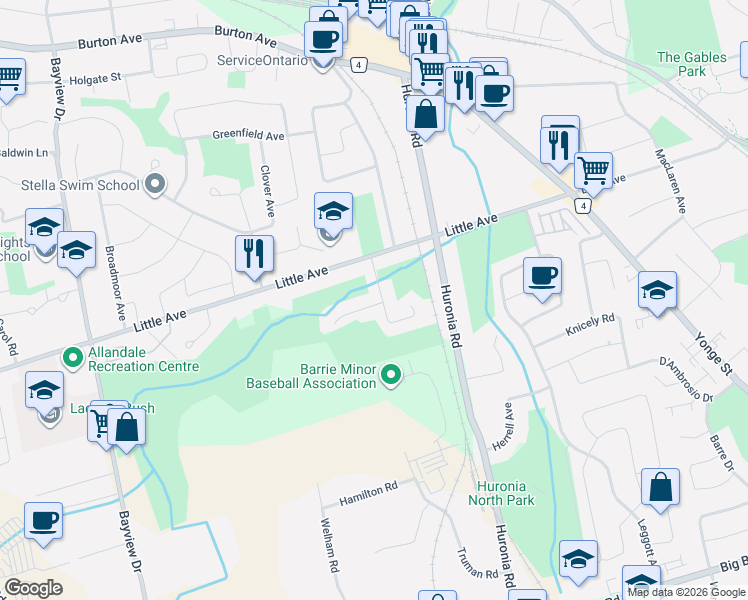 map of restaurants, bars, coffee shops, grocery stores, and more near 24 McConkey Place in Barrie