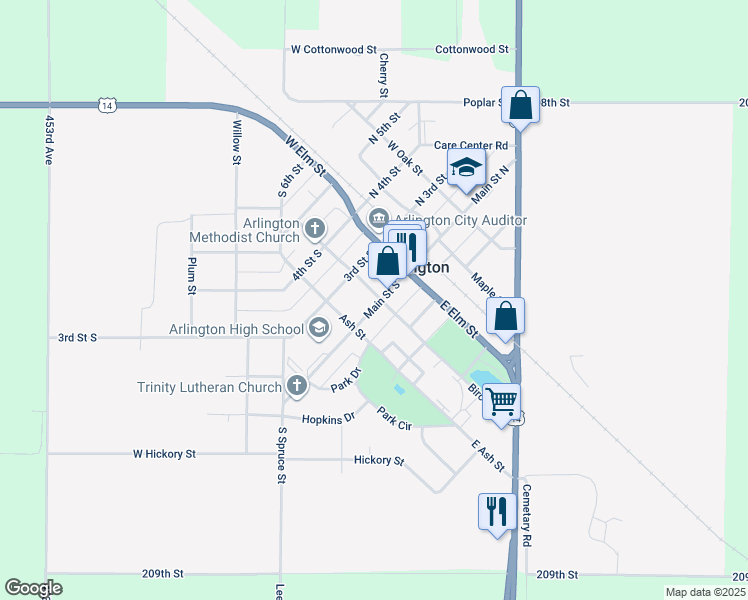 map of restaurants, bars, coffee shops, grocery stores, and more near 204 Main Street South in Arlington