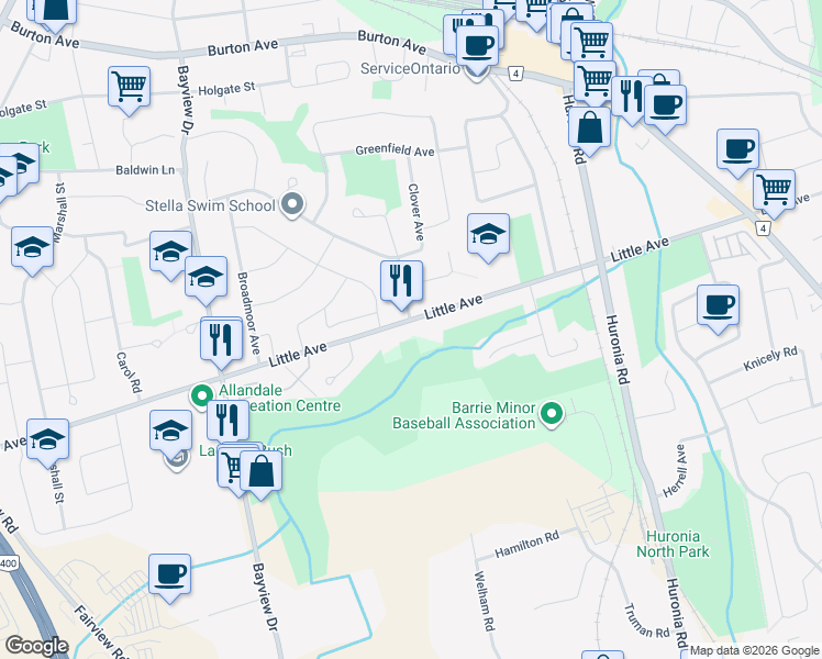 map of restaurants, bars, coffee shops, grocery stores, and more near 185 Little Avenue in Barrie