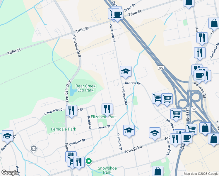 map of restaurants, bars, coffee shops, grocery stores, and more near 228 Crawford Street in Barrie