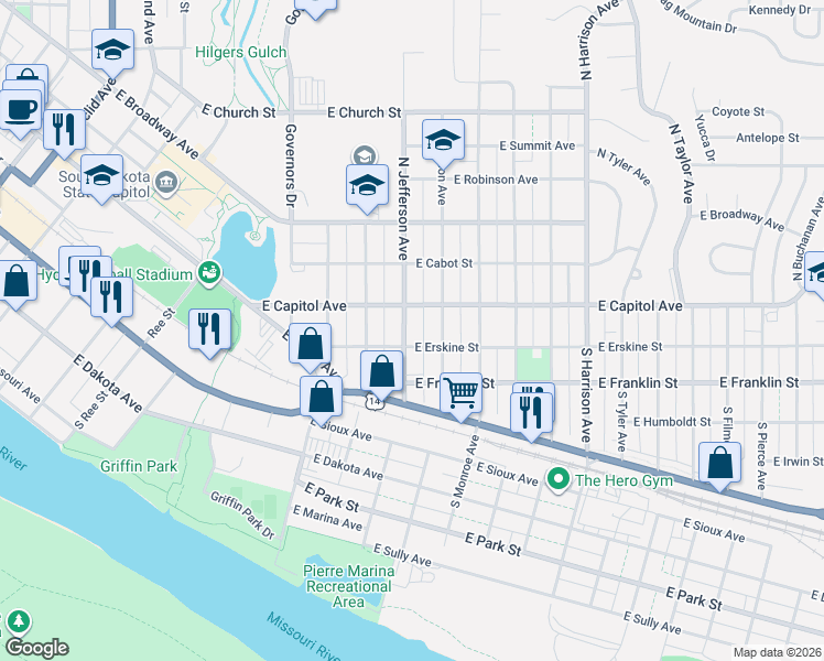 map of restaurants, bars, coffee shops, grocery stores, and more near E Capitol Ave in Pierre