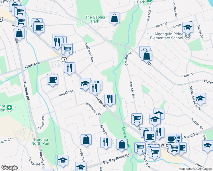 map of restaurants, bars, coffee shops, grocery stores, and more near in Barrie