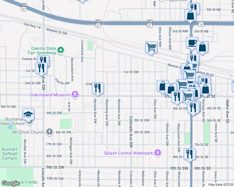 map of restaurants, bars, coffee shops, grocery stores, and more near 605 3rd Street Southwest in Huron