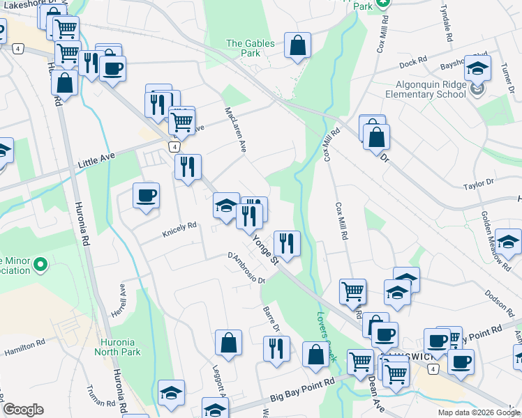 map of restaurants, bars, coffee shops, grocery stores, and more near 1 Dixon Court in Barrie