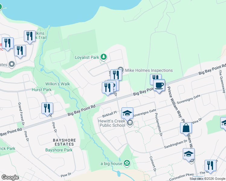 map of restaurants, bars, coffee shops, grocery stores, and more near 12 Royal Parkside Drive in Barrie