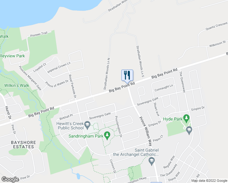 map of restaurants, bars, coffee shops, grocery stores, and more near 829 Big Bay Point Road in Barrie