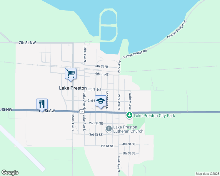 map of restaurants, bars, coffee shops, grocery stores, and more near 301-399 Spring Avenue North in Lake Preston