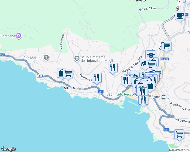 map of restaurants, bars, coffee shops, grocery stores, and more near 46 Via del Castello in Recco