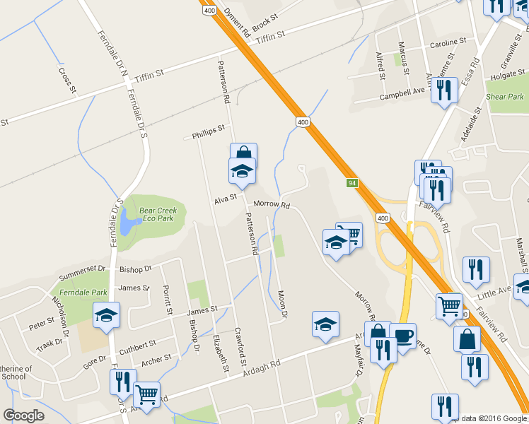 map of restaurants, bars, coffee shops, grocery stores, and more near 101 Moon Drive in Barrie