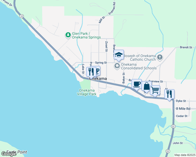 map of restaurants, bars, coffee shops, grocery stores, and more near in Onekama