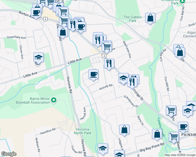 map of restaurants, bars, coffee shops, grocery stores, and more near Gosney Crescent in Barrie