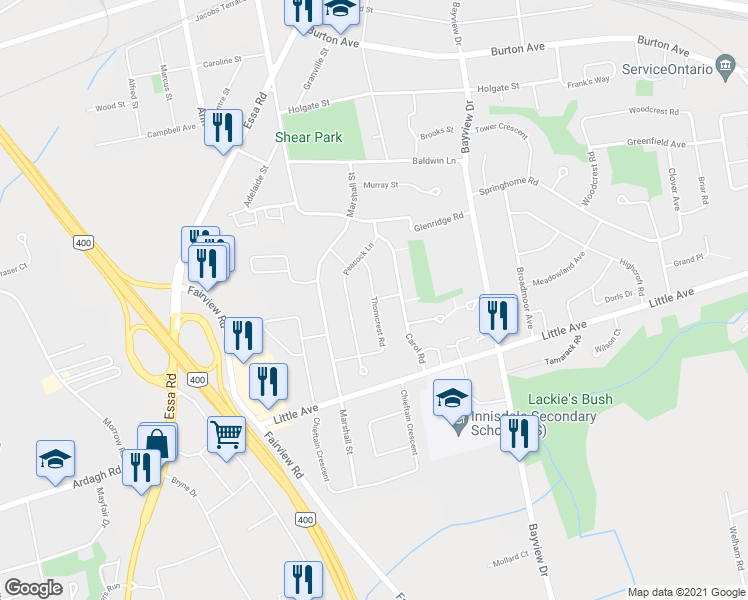 map of restaurants, bars, coffee shops, grocery stores, and more near Thorncrest Road in Barrie