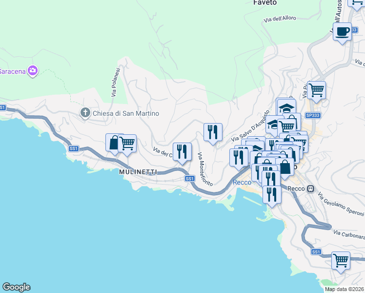 map of restaurants, bars, coffee shops, grocery stores, and more near 40 Via del Castello in Recco
