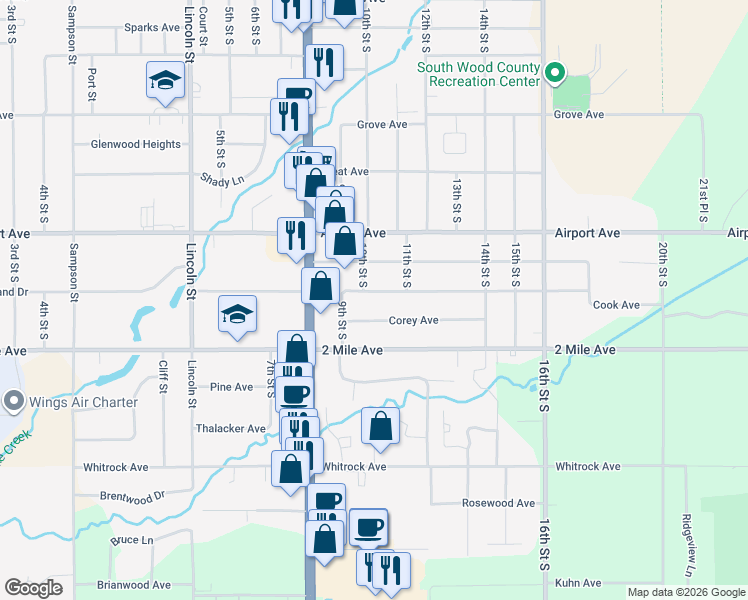 map of restaurants, bars, coffee shops, grocery stores, and more near 1020 Cook Avenue in Wisconsin Rapids
