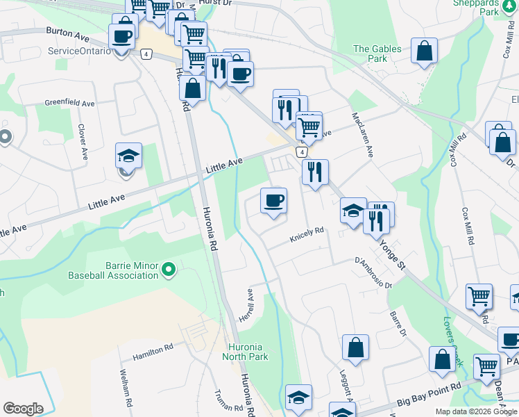 map of restaurants, bars, coffee shops, grocery stores, and more near 10 Wynes Road in Barrie